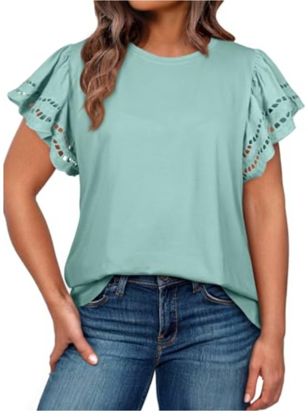 Plus Size Women's Cotton Short Sleeve Ruffle Top Hollow Out Crewneck Casual